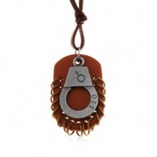 Nastaviteľný kožený náhrdelník - putá s číslom, hnedá známka s kruhmi