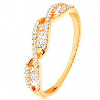 Zlatý prsteň 585 - prepletené zvlnené ramená, okrúhle číre zirkóny - Veľkosť: 49 mm