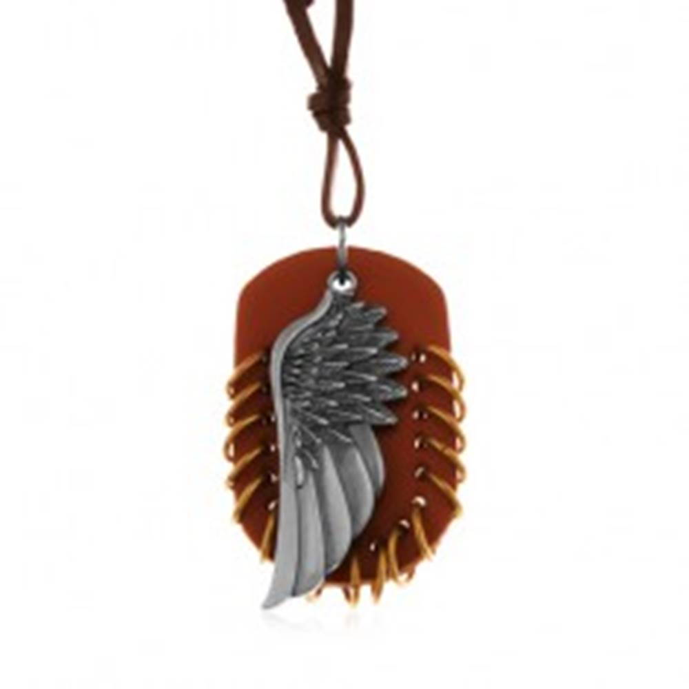 Šperky eshop Náhrdelník z umelej kože, prívesky - hnedý ovál s krúžkami a anjelské krídlo