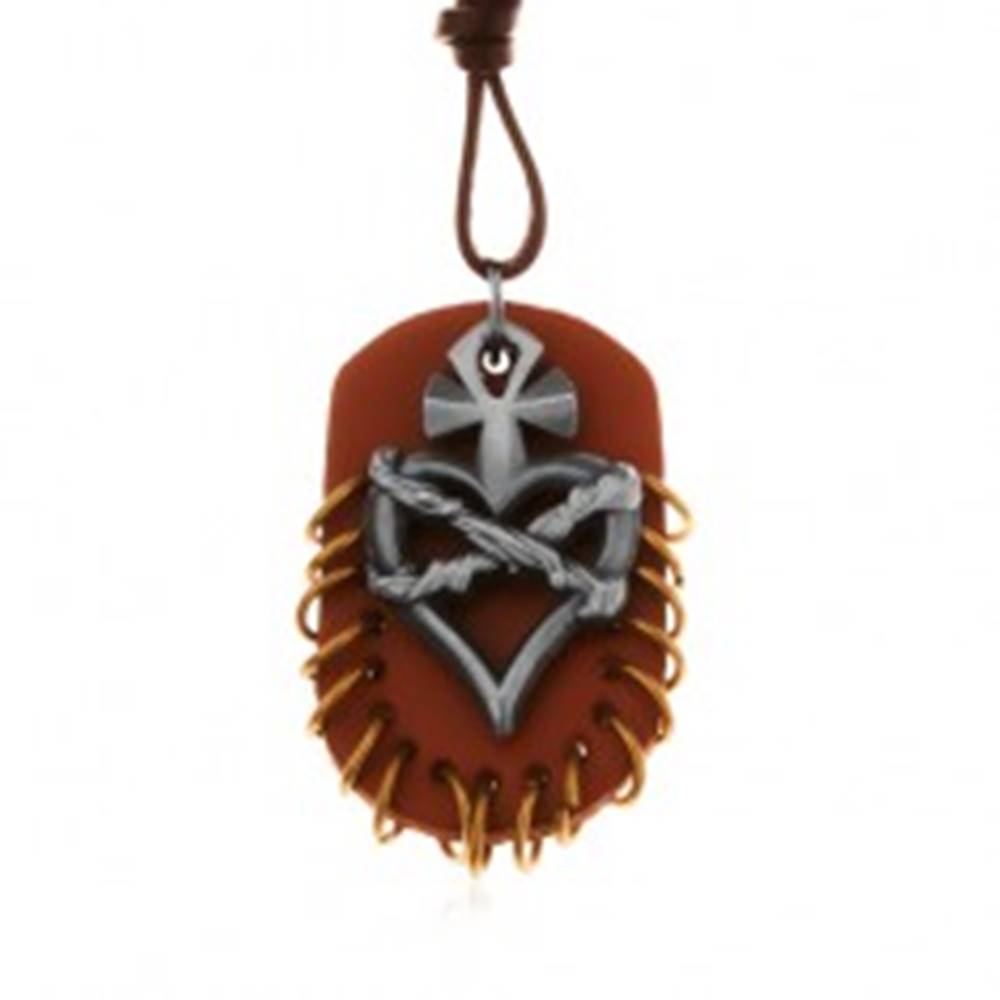 Šperky eshop Náhrdelník z umelej kože, prívesky - hnedý ovál s krúžkami, srdce s krížom a drôtom