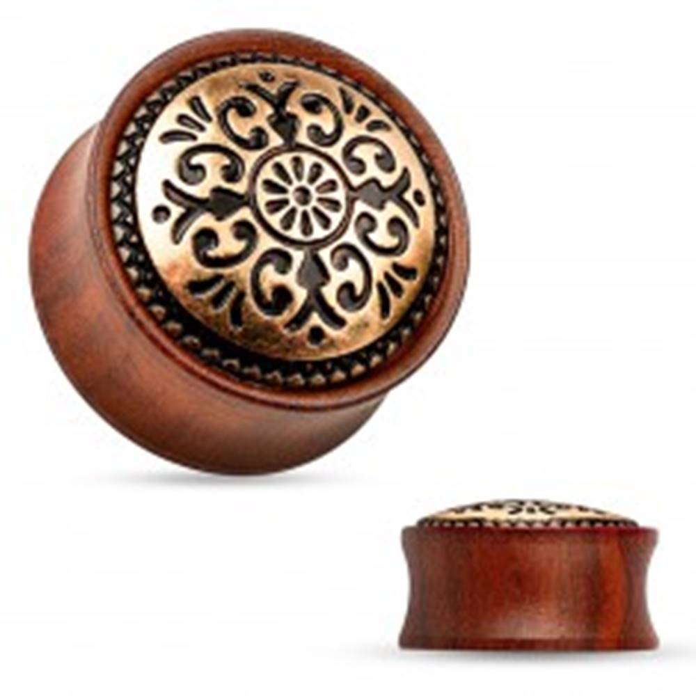 Šperky eshop Sedlový plug do ucha z dreva mahagónovej farby, vyrezávaný kruh - Hrúbka: 10 mm