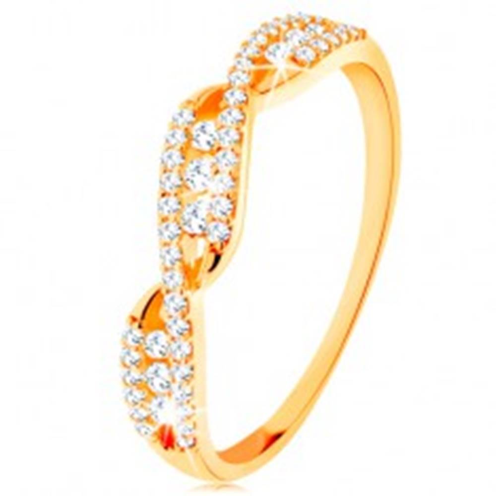 Šperky eshop Zlatý prsteň 585 - prepletené zvlnené ramená, okrúhle číre zirkóny - Veľkosť: 49 mm