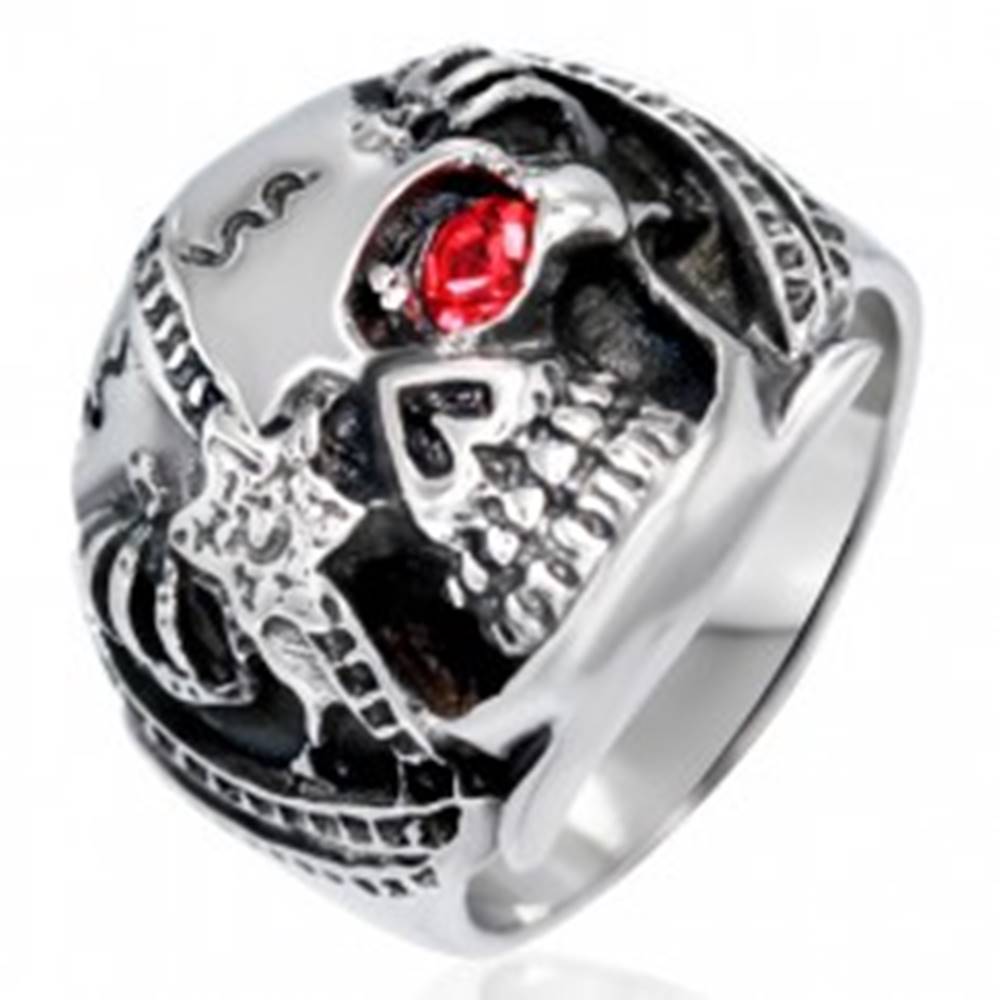Šperky eshop Mohutný prsteň z ocele - lebka bojovníka s červeným zirkónom, patina - Veľkosť: 54 mm