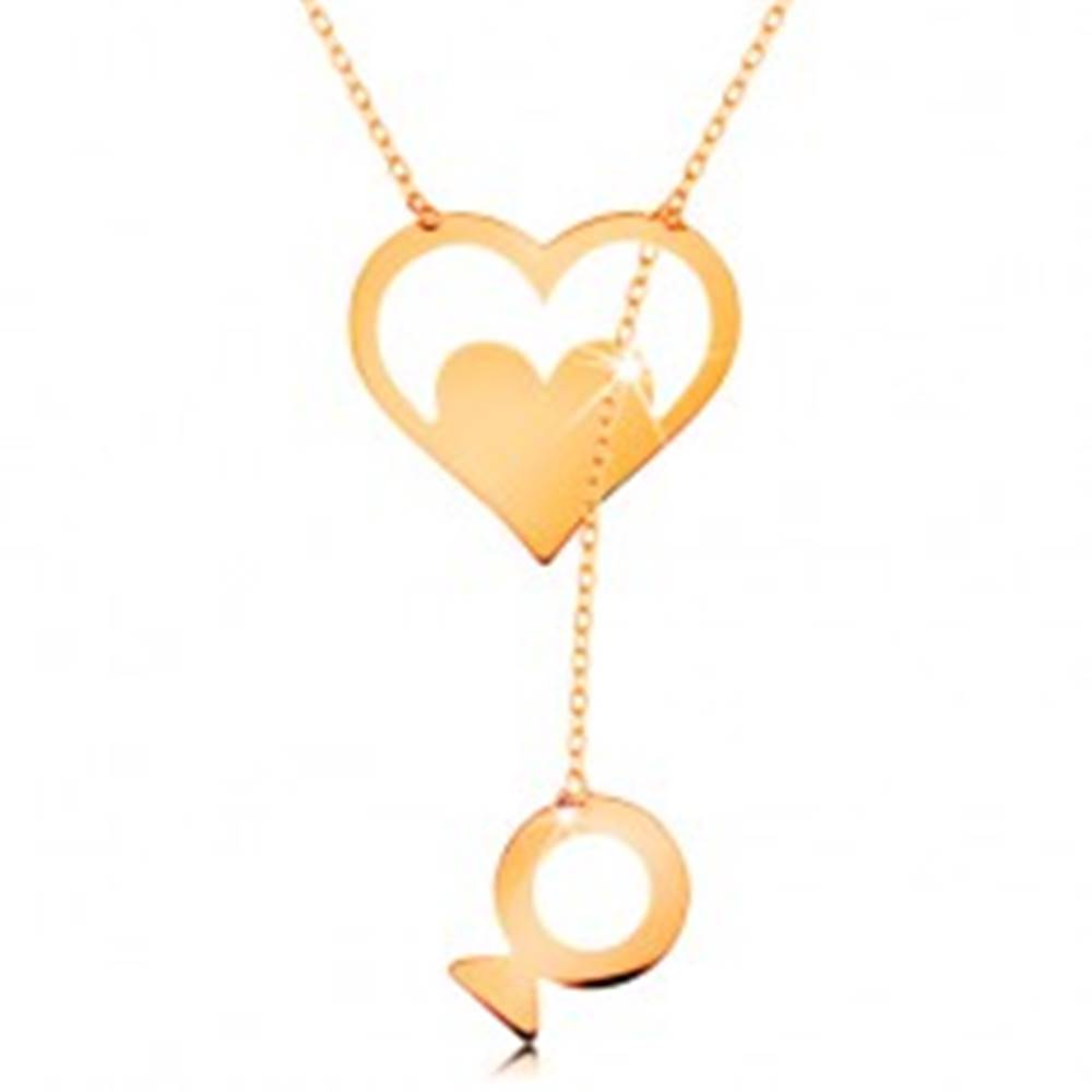 Šperky eshop Náhrdelník zo žltého 14K zlata - kontúra srdca so srdiečkom a visiacou rybkou