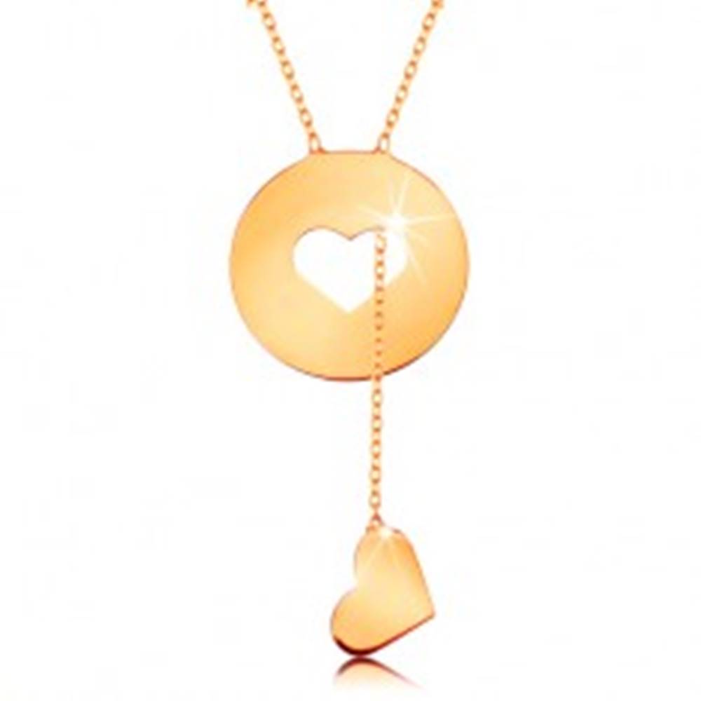 Šperky eshop Náhrdelník zo žltého 14K zlata - kruh so srdiečkovým výrezom a visiacim srdcom