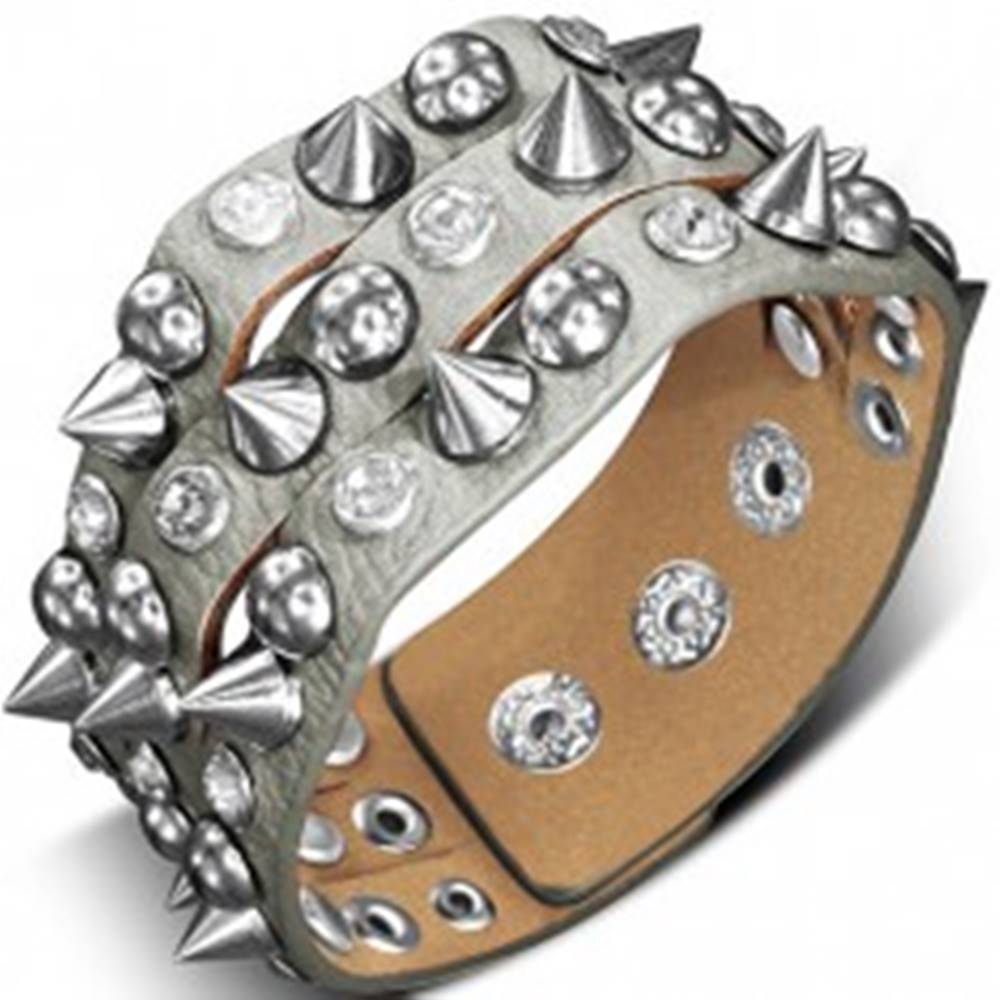 Šperky eshop Náramok vyrobený z kože - s kovovým špicom, pologuľou a kameňom