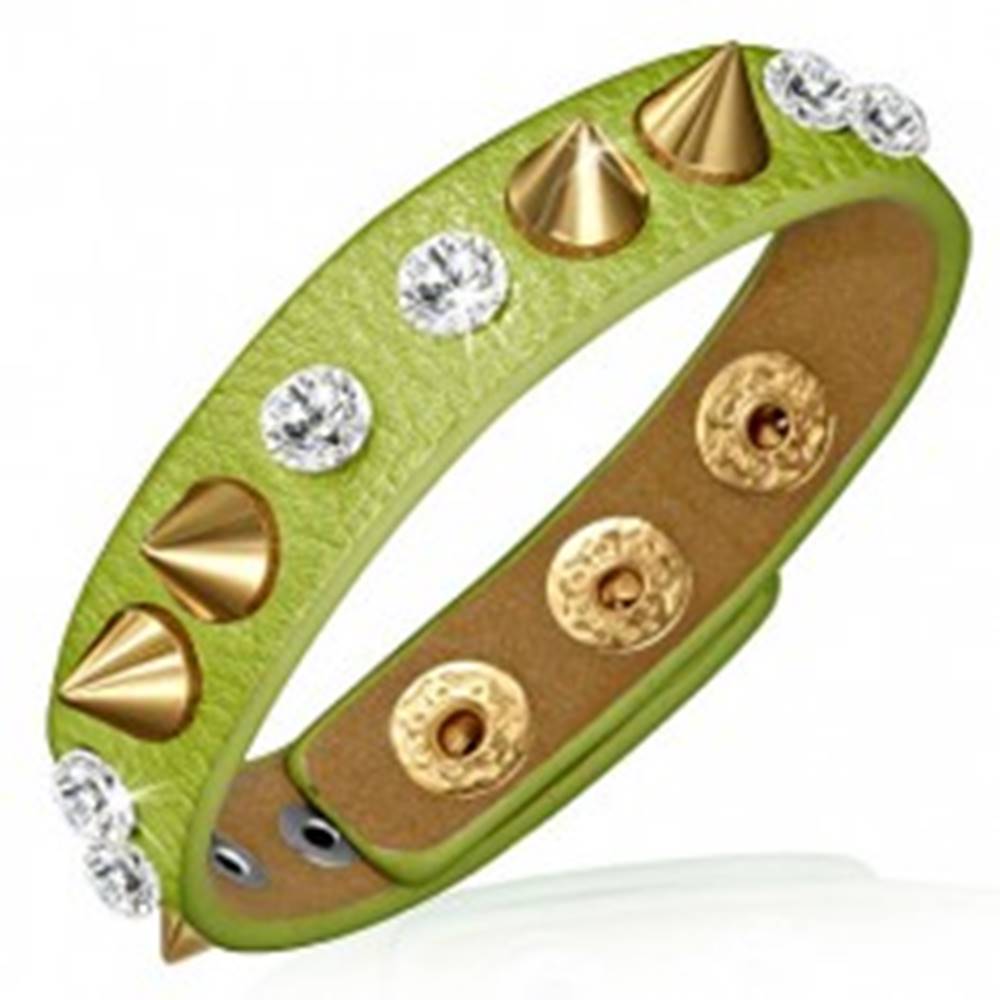 Šperky eshop Náramok z kože - zelený prúžok s čírymi kameňmi a špicami zlatej farby
