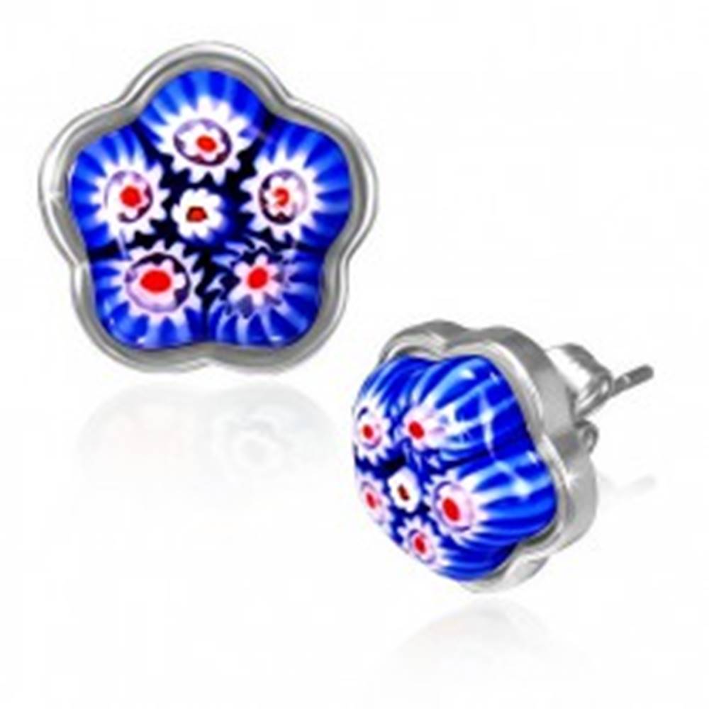Šperky eshop Oceľové náušnice - modrý sklenený kvet v podklade