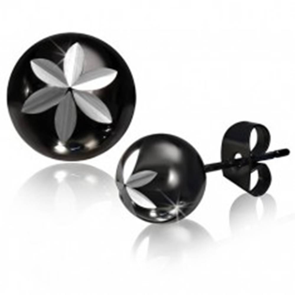 Šperky eshop Oceľové puzetové náušnice, gulička čiernej farby, vygravírovaný kvet