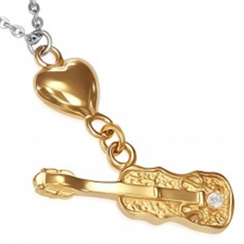 Šperky eshop Oceľový náhrdelník - retiazka, srdce zlatej farby a gitara so zirkónom