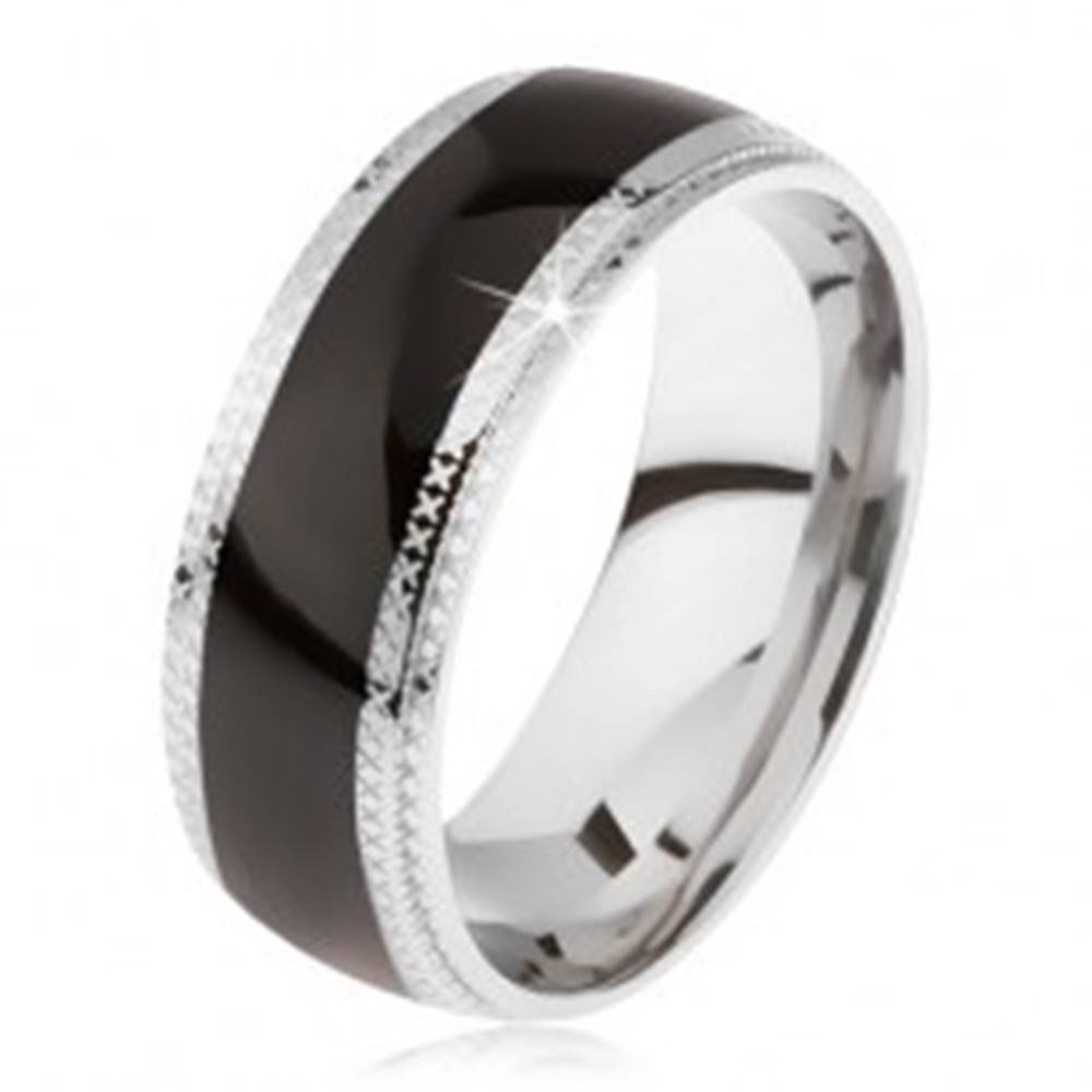 Šperky eshop Oceľový prsteň, lesklý čierny stredový pás, ryhované okraje - Veľkosť: 59 mm