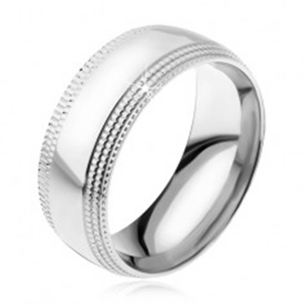 Šperky eshop Oceľový prsteň, lesklý povrch, stupňovito zrezané ryhované kraje - Veľkosť: 57 mm