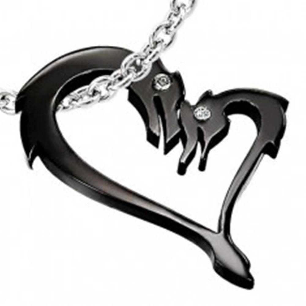 Šperky eshop Prívesok z čiernej chirurgickej ocele s drakmi v tvare srdca, zirkóny