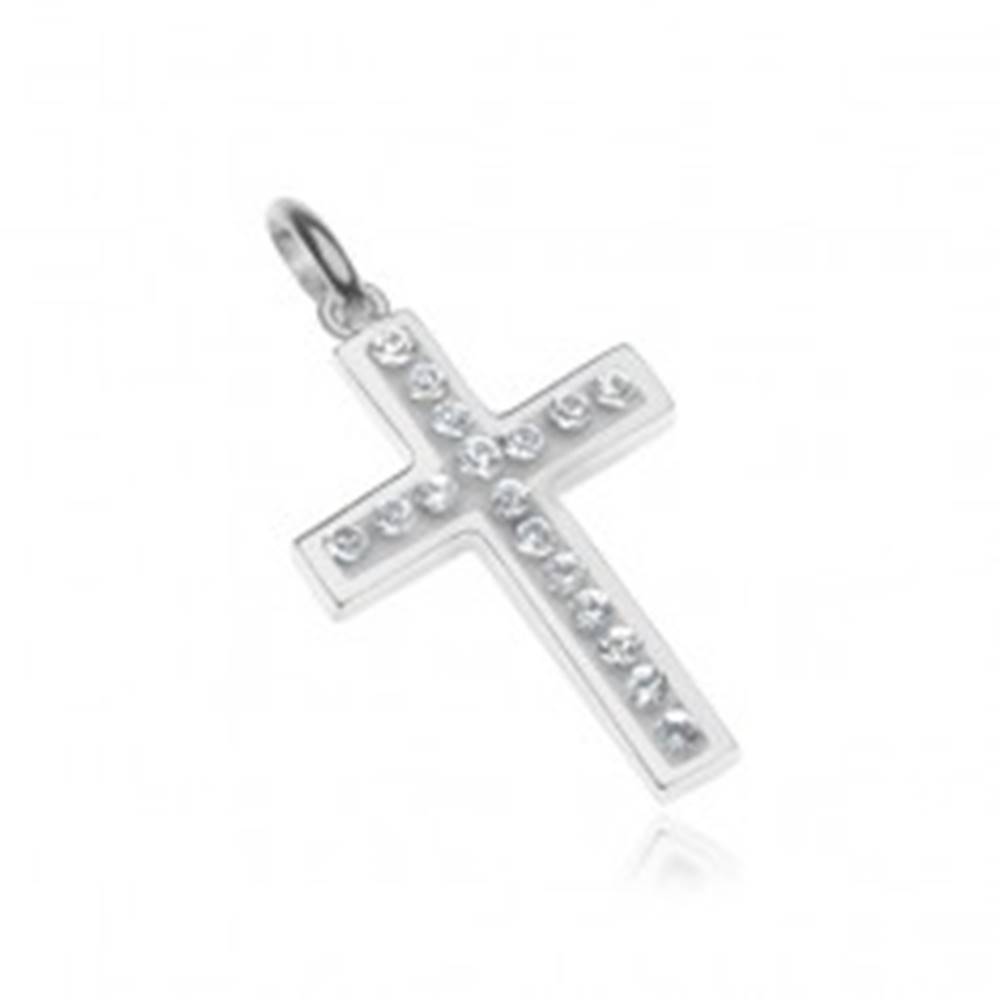 Šperky eshop Strieborný prívesok 925 - krížik vykladaný zirkónmi, biely podklad