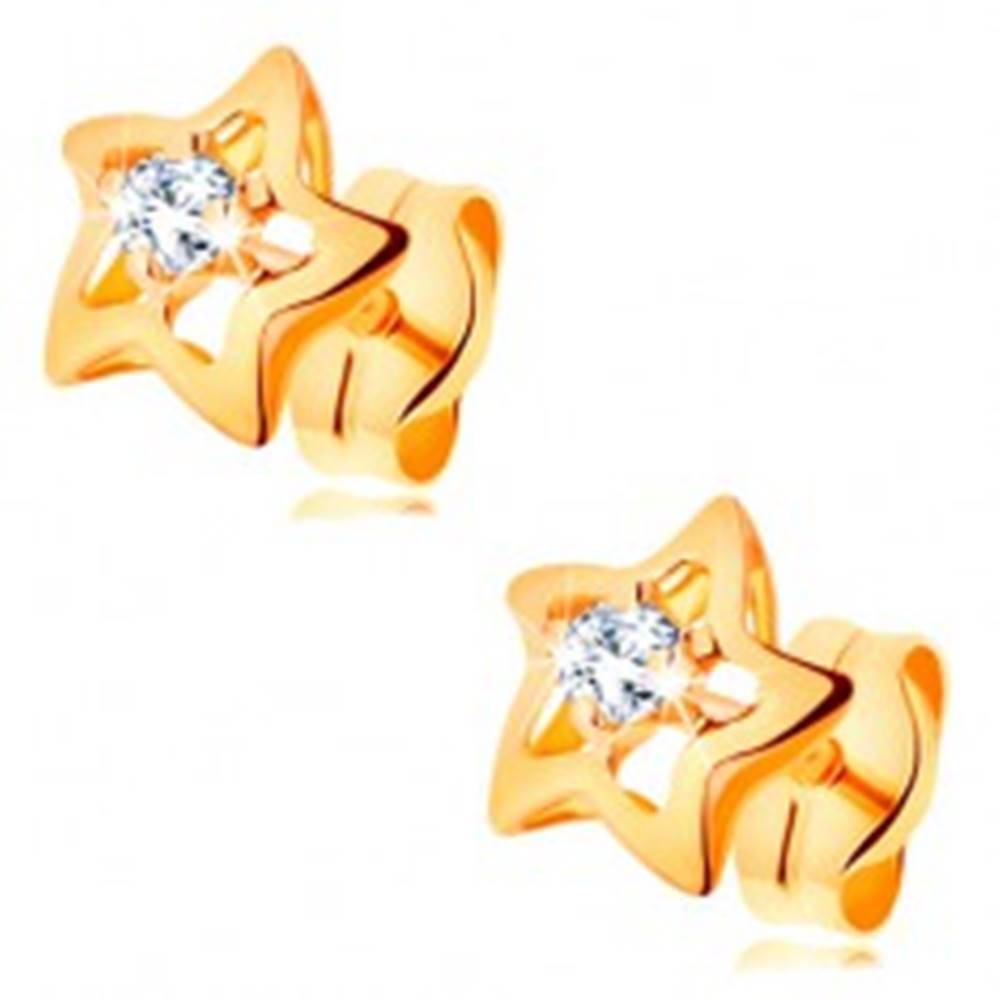 Šperky eshop Zlaté 14K náušnice - ligotavé hviezdičky s čírym zirkónom v strede