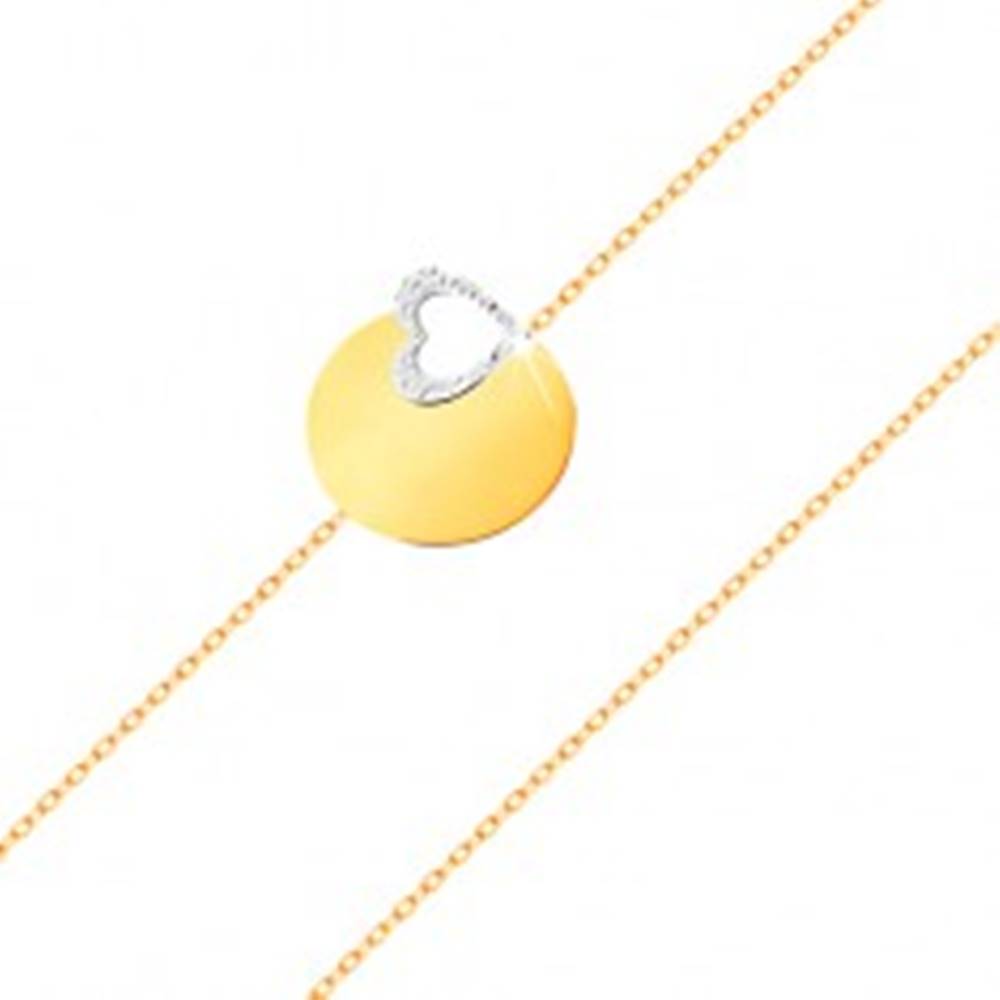 Šperky eshop Zlatý 14K náramok - jemná retiazka, lesklý plochý kruh, kontúra srdca z bieleho zlata