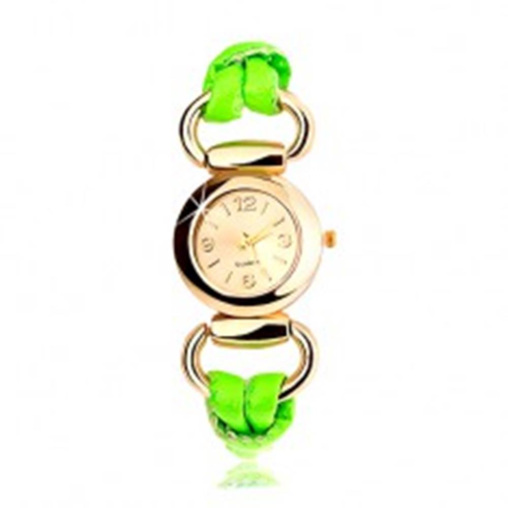 Šperky eshop Analógové hodinky, okrúhly ciferník zlatej farby, latexový zelený remienok