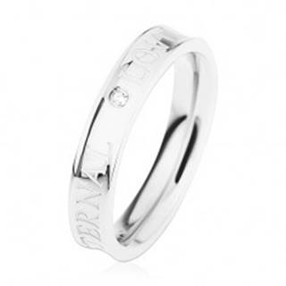 Oceľový prsteň striebornej farby, vyhĺbený stred, číry zirkónik, ETERNAL LOVE - Veľkosť: 49 mm