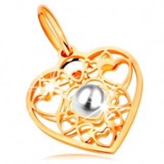 Prívesok v žltom zlate 585 - srdce zdobené obrysmi srdiečok a bielou perlou v strede