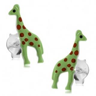 Puzetové náušnice, striebro 925, neónovo zelená žirafka s červenými bodkami