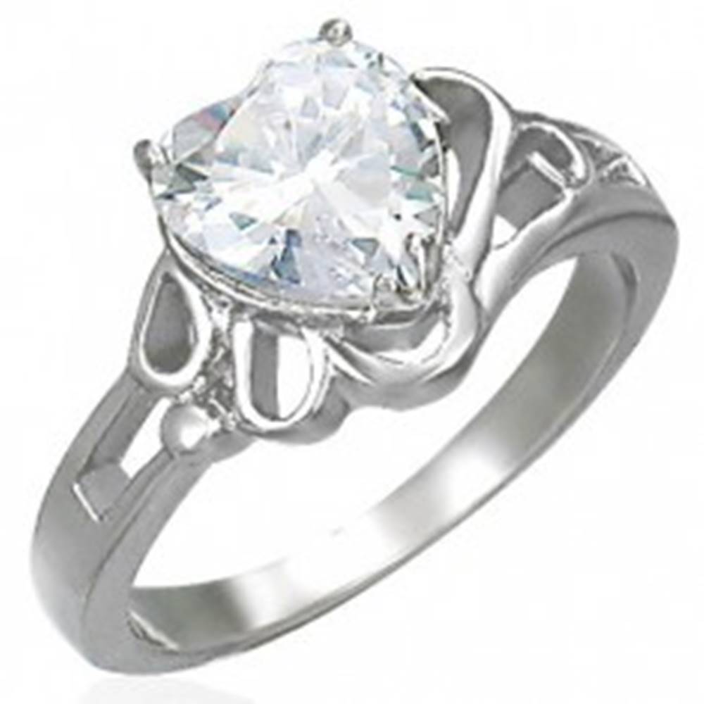 Šperky eshop Dámsky lesklý oceľový prsteň, veľké číre zirkónové srdce - Veľkosť: 49 mm