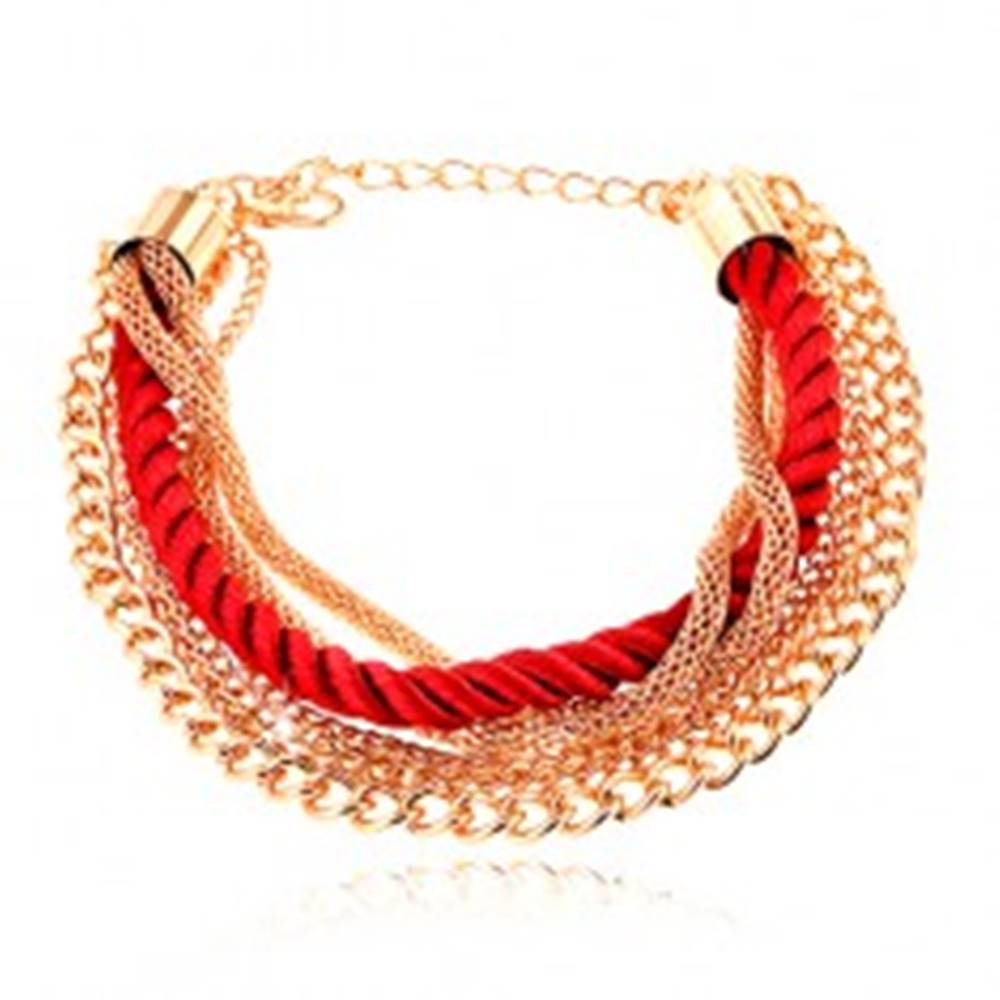 Šperky eshop Náramok, pletená červená šnúrka, retiazky zlatej farby, karabínka