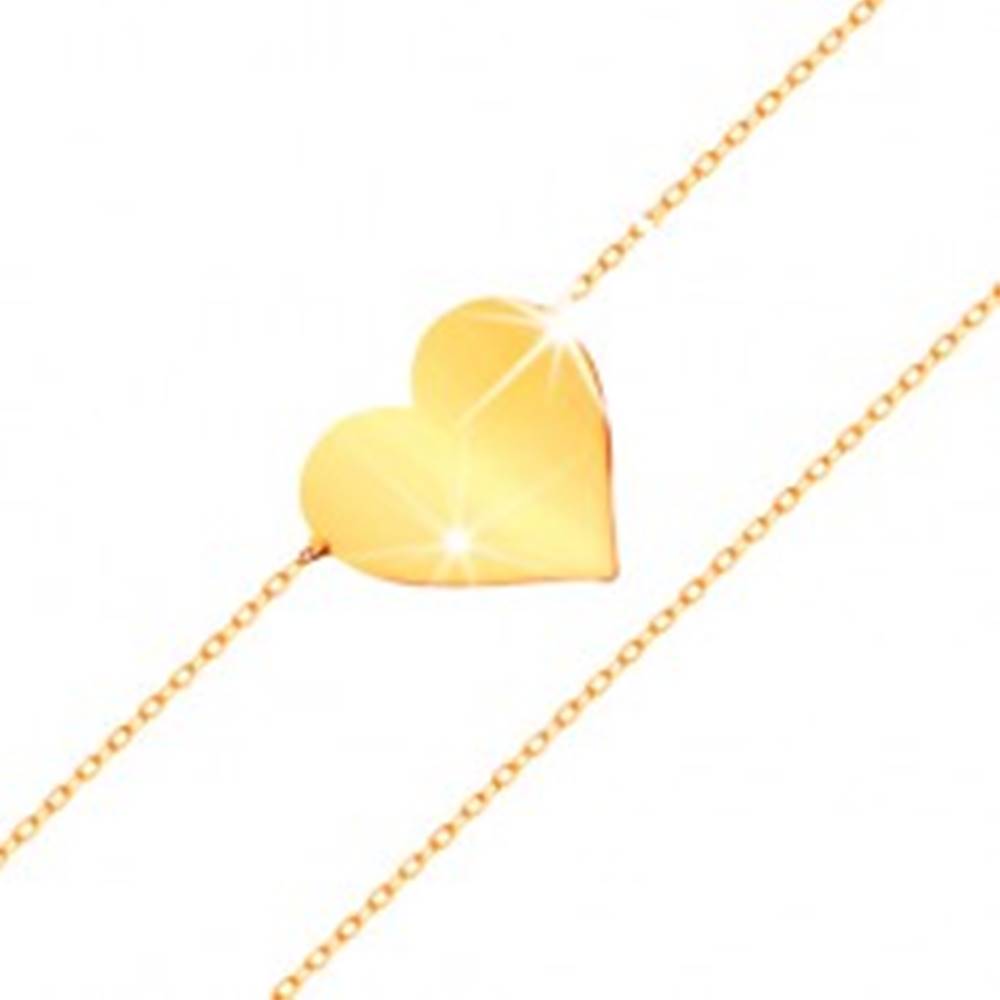 Šperky eshop Náramok v žltom 14K zlate - zrkadlovolesklé ploché srdce, ligotavá tenká retiazka