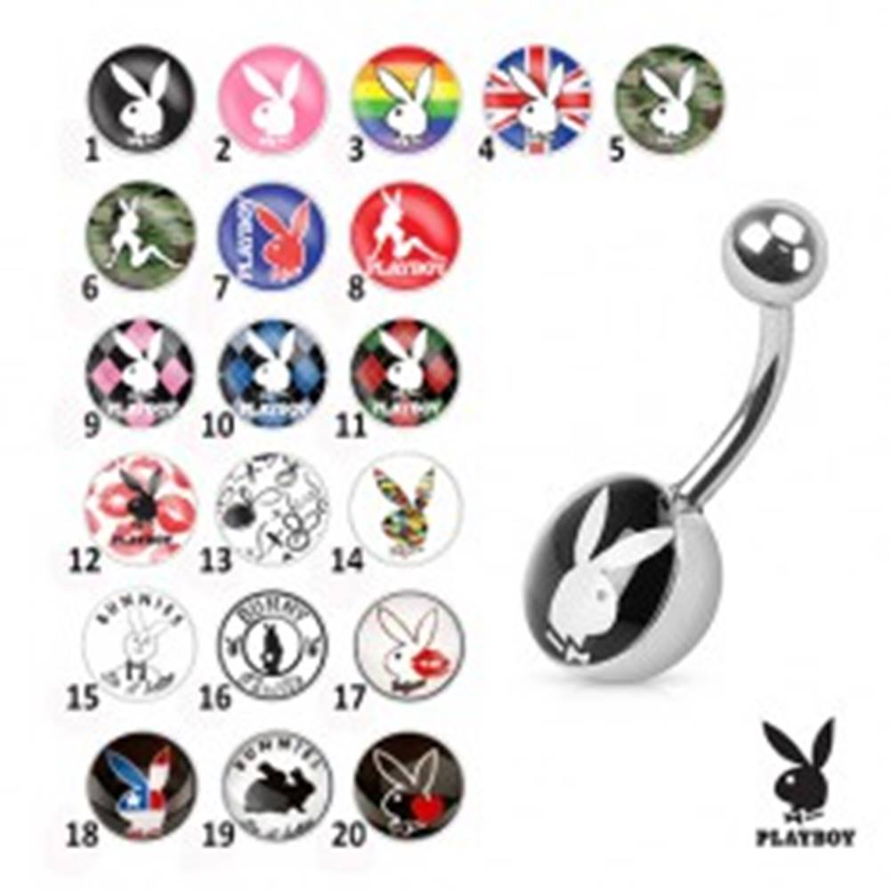 Šperky eshop Oceľový piercing do bruška, farebné obrázky zajačikov Playboy - Symbol: PB03