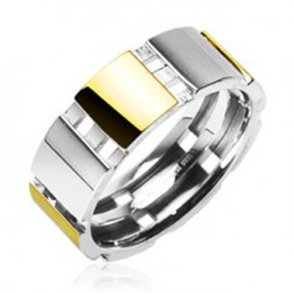 Šperky eshop Oceľový prsteň s časťami zlatej farby - Veľkosť: 58 mm