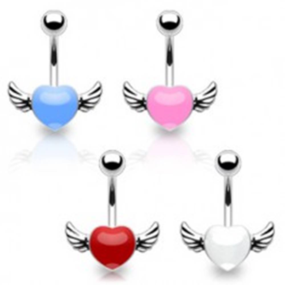 Šperky eshop Piercing do pupka z chirurgickej ocele - farebné srdce s krídlami - Farba piercing: Biela