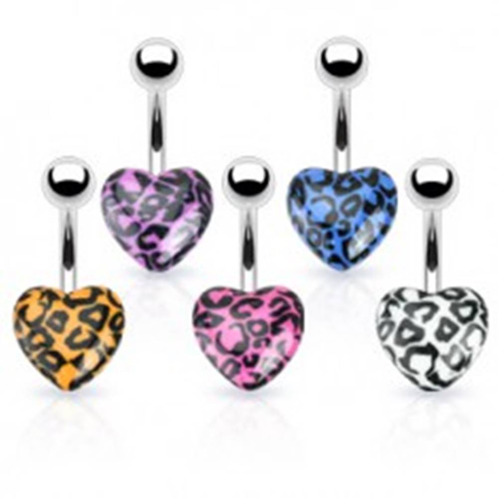 Šperky eshop Piercing do pupka z ocele - farebné srdce s leopardím vzorom - Farba piercing: Biela
