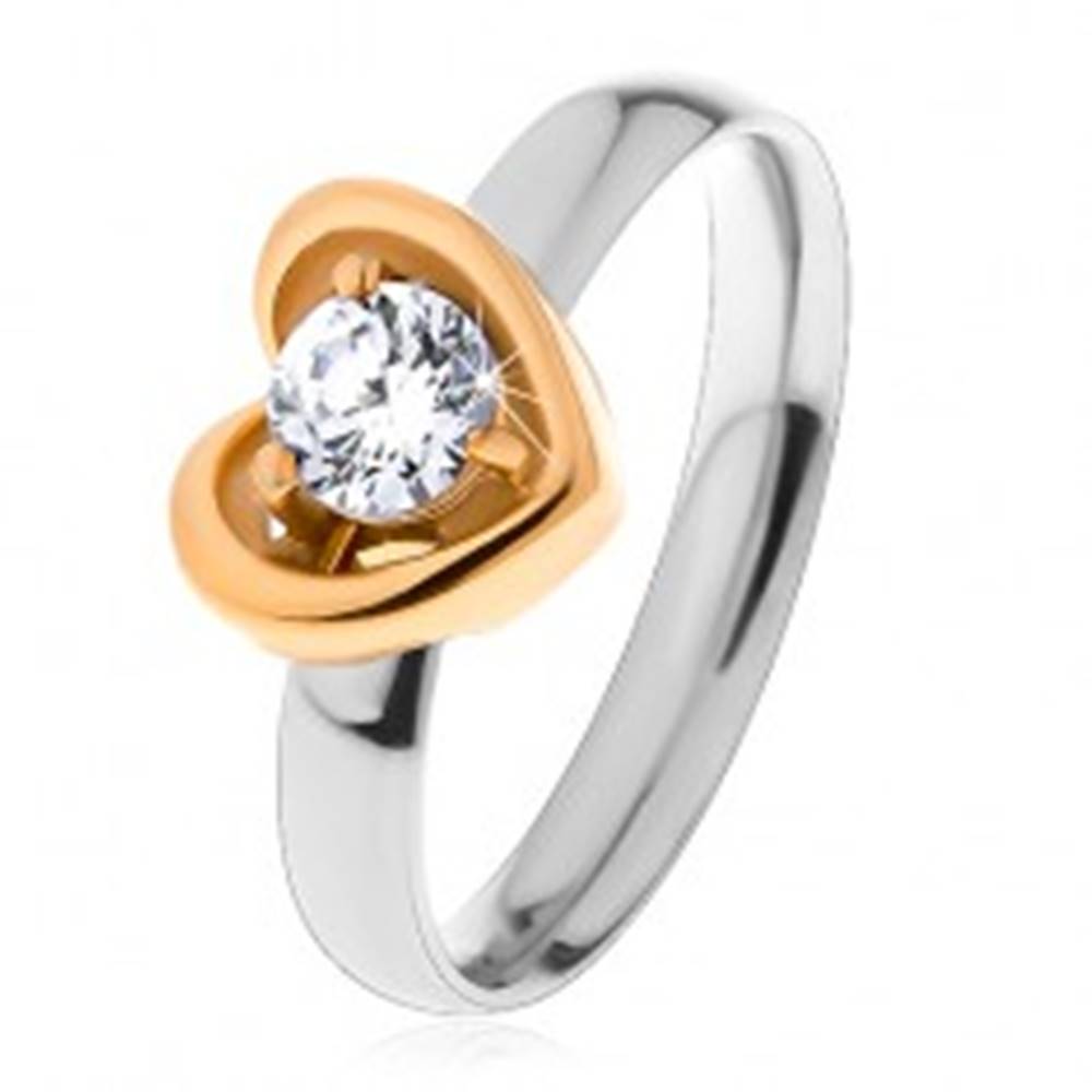 Šperky eshop Prsteň z ocele 316L - dvojfarebné prevedenie, kontúra srdca, číry zirkón - Veľkosť: 49 mm