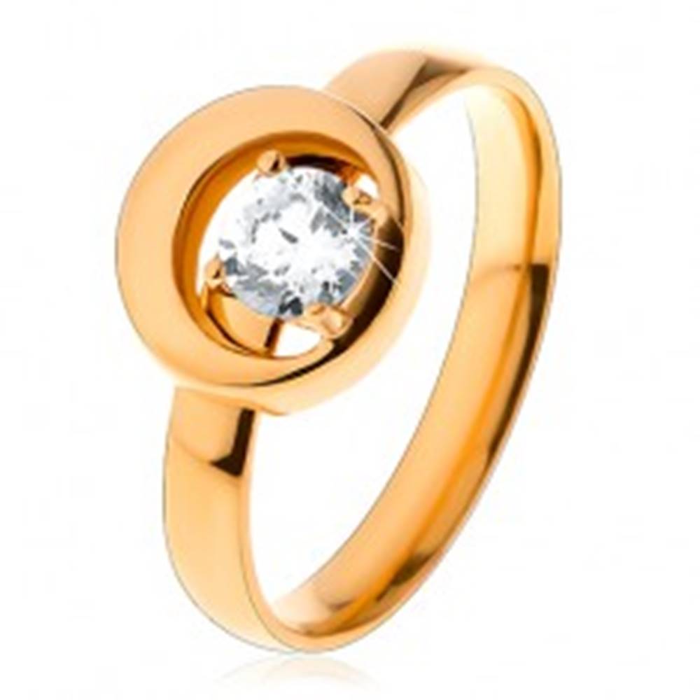 Šperky eshop Prsteň z ocele 316L v zlatom odtieni, okrúhly číry zirkón v kruhu s výrezom - Veľkosť: 49 mm