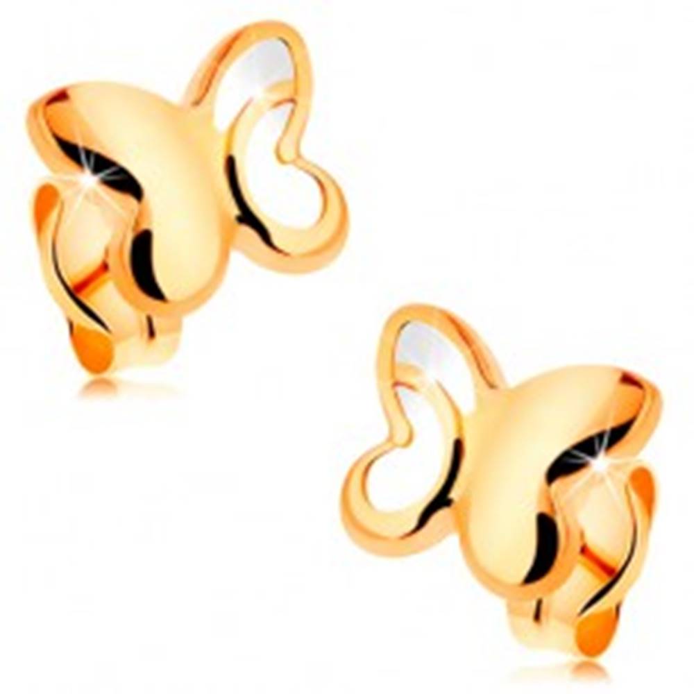 Šperky eshop Zlaté 14K náušnice - lesklý motýľ s vyrezávanou časťou na krídlach