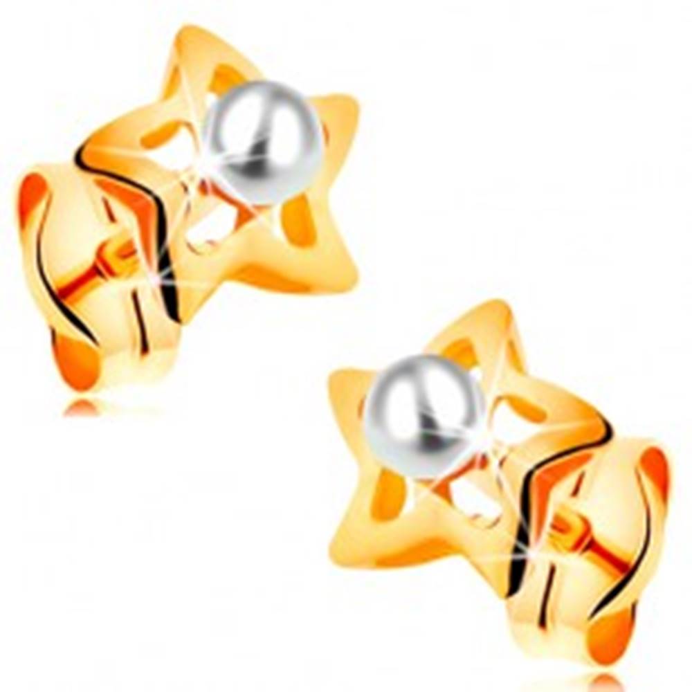 Šperky eshop Zlaté 14K náušnice - ligotavé hviezdičky s bielou perličkou v strede