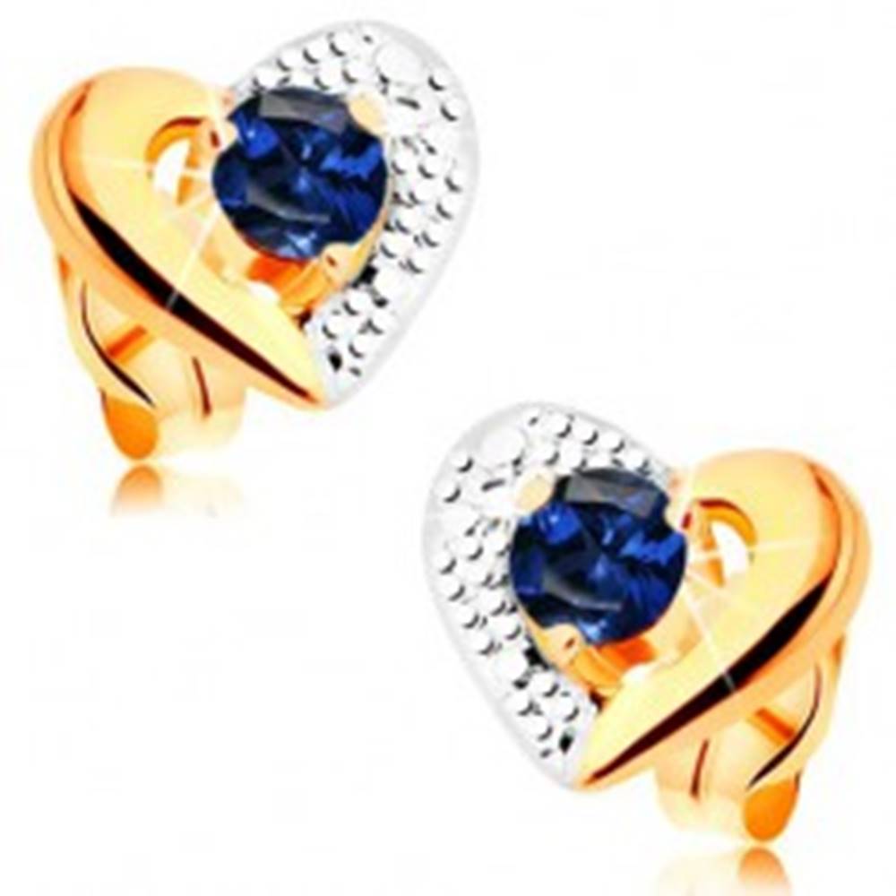Šperky eshop Zlaté náušnice 585 - dvojfarebný obrys srdca, gravírovanie, modrý zafír