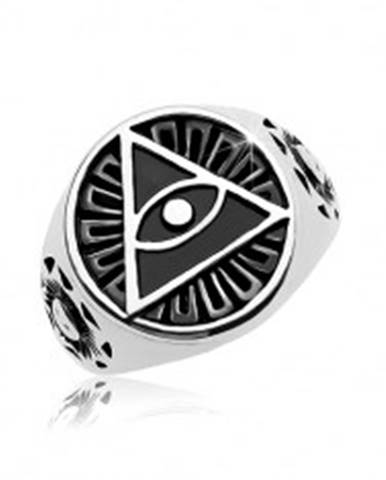 Prsteň z ocele 316L, čierny patinovaný kruh a trojuholník s okom - Veľkosť: 58 mm
