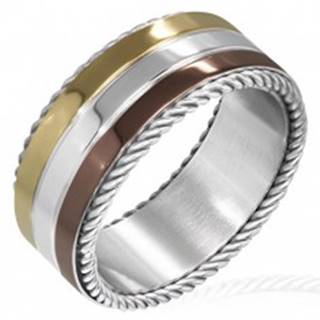 Trojfarebný prsteň z ocele - točené lanko na okraji - Veľkosť: 52 mm