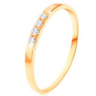 Zlatý prsteň 585 - tenké lesklé ramená, línia štyroch čírych zirkónikov - Veľkosť: 49 mm