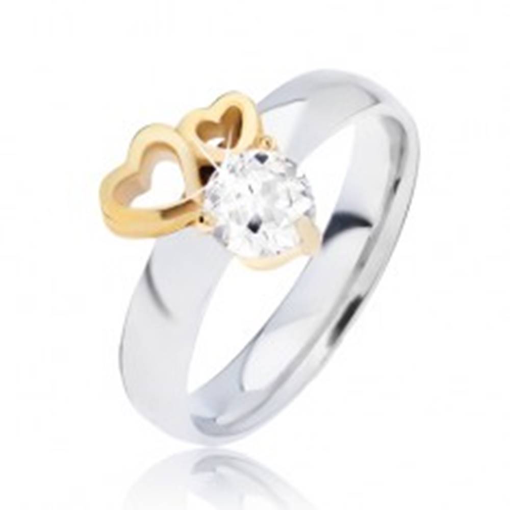 Šperky eshop Lesklý oceľový prsteň so obrysmi sŕdc zlatej farby a čírym zirkónom - Veľkosť: 49 mm