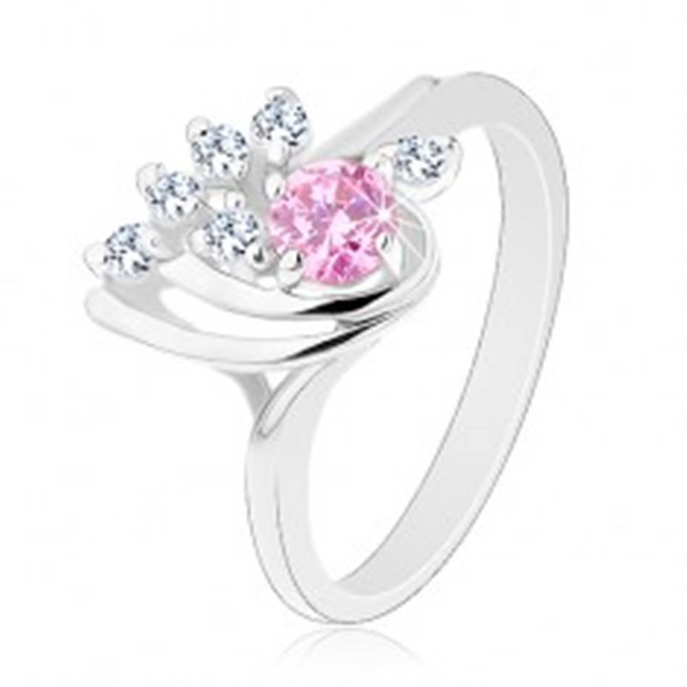 Šperky eshop Ligotavý prsteň, asymetrická kvapka zdobená zirkónmi čírej a ružovej farby - Veľkosť: 50 mm