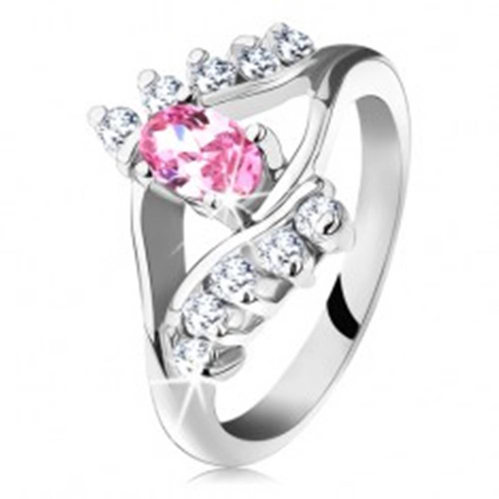 Šperky eshop Ligotavý prsteň so zirkónovým ružovo-čírym okom, rozdvojené ramená - Veľkosť: 48 mm