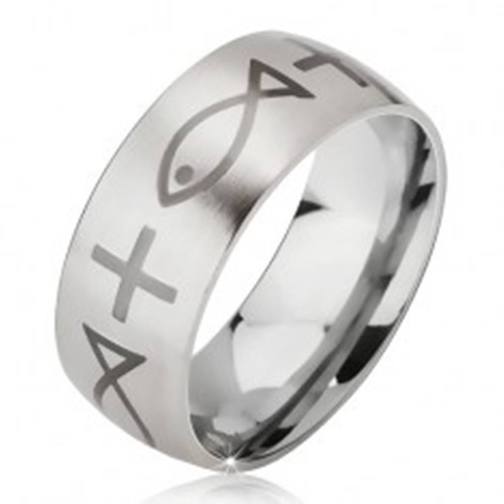 Šperky eshop Matný prsteň z chirurgickej ocele striebornej farby, potlač kríža a ryby, 6 mm - Veľkosť: 52 mm