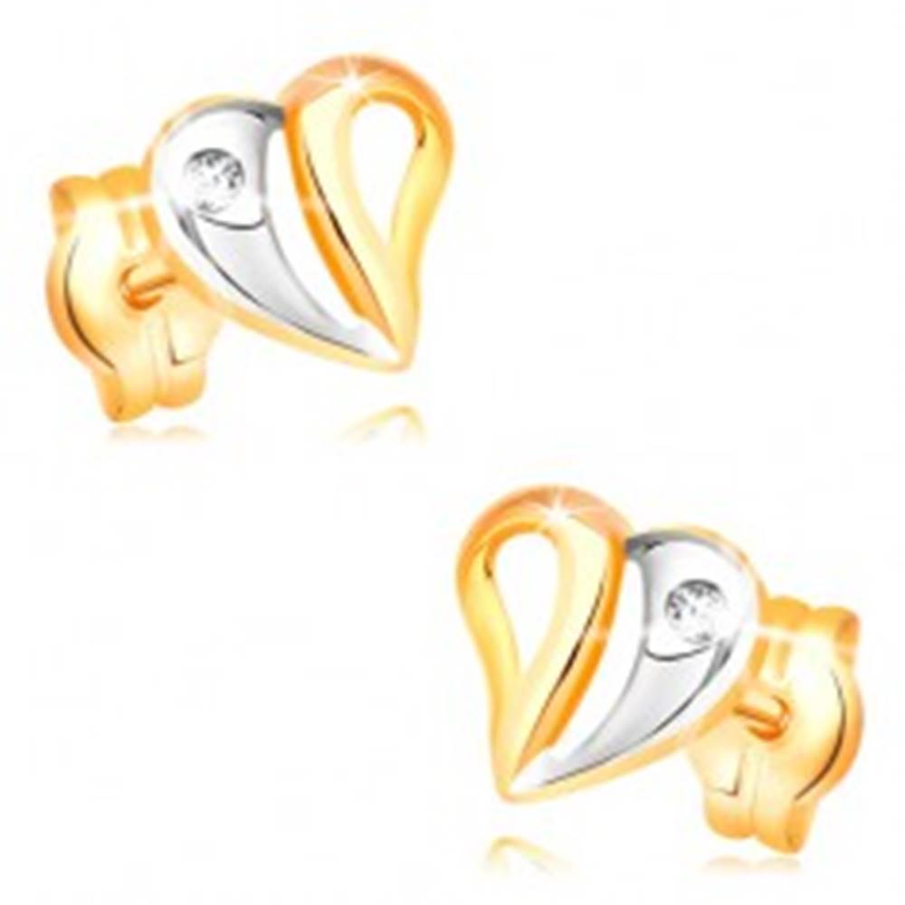 Šperky eshop Náušnice v žltom a bielom 14K zlate - dvojfarebné srdce s výrezmi a zirkónom