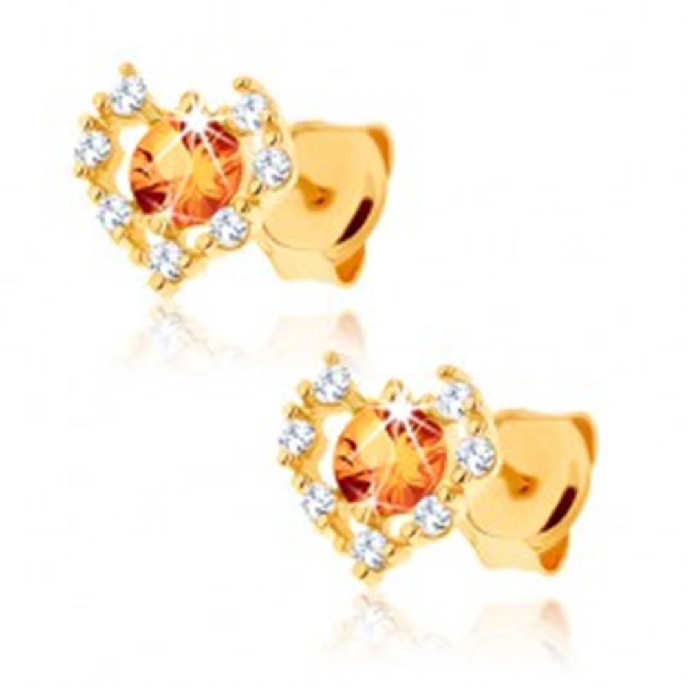 Šperky eshop Náušnice zo žltého 9K zlata - číry zirkónový obrys srdca, žltý citrín
