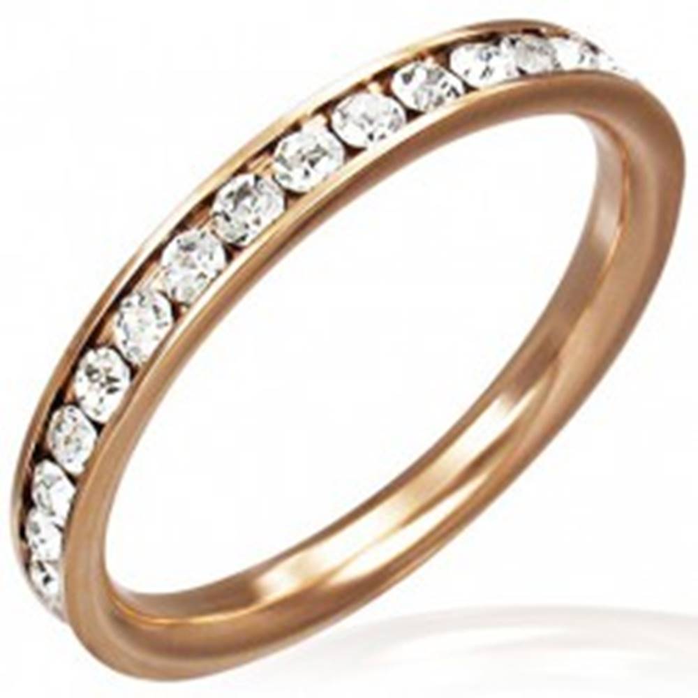 Šperky eshop Oceľový prsteň ružovozlatej farby - číre zirkóny po obvode - Veľkosť: 47 mm