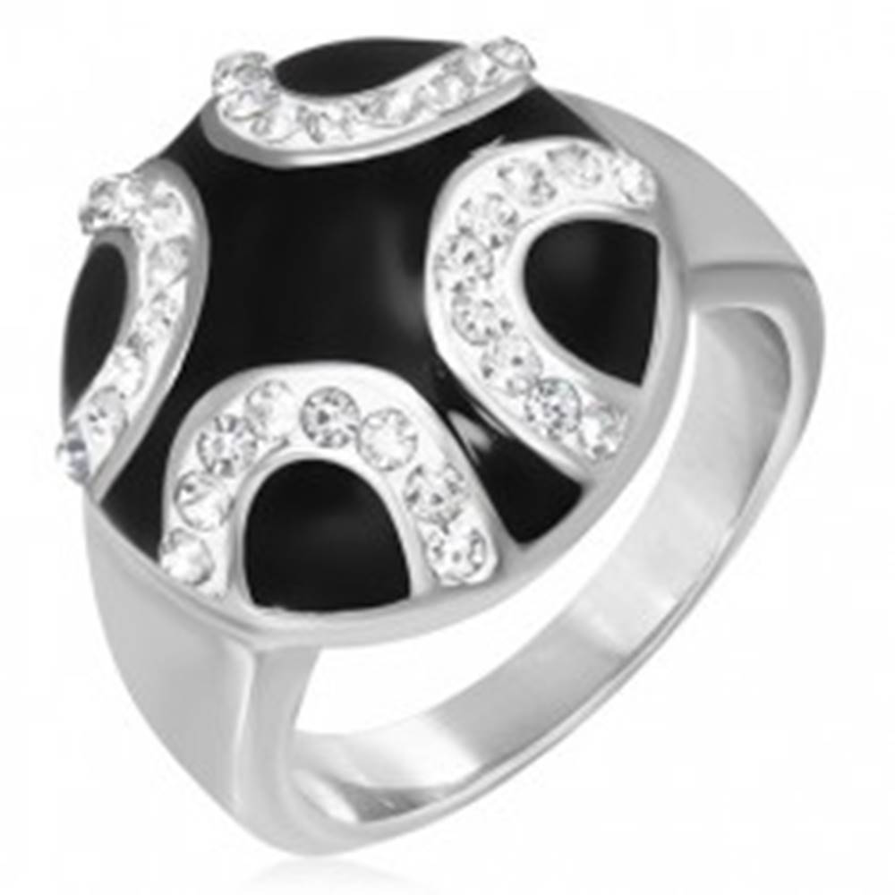 Šperky eshop Oceľový prsteň - zirkónové polkruhy na čiernom podklade - Veľkosť: 52 mm