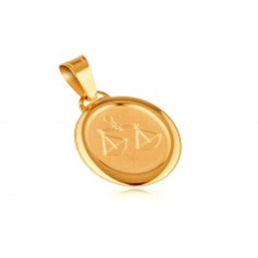 Šperky eshop Prívesok zo zlata 14K - matná známka s gravírovaným symbolom VÁHY