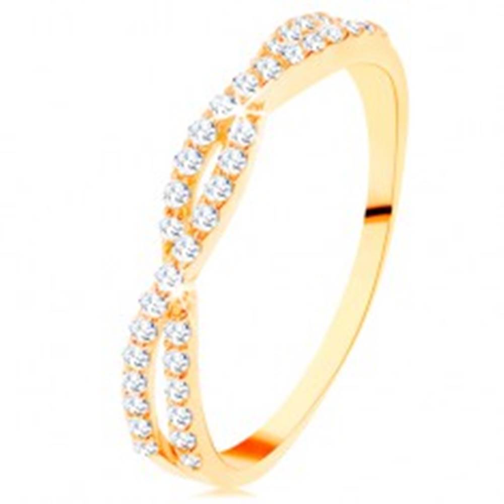 Šperky eshop Prsteň v žltom 14K zlate - prepletené zirkónové vlnky, drobné číre zirkóniky - Veľkosť: 49 mm