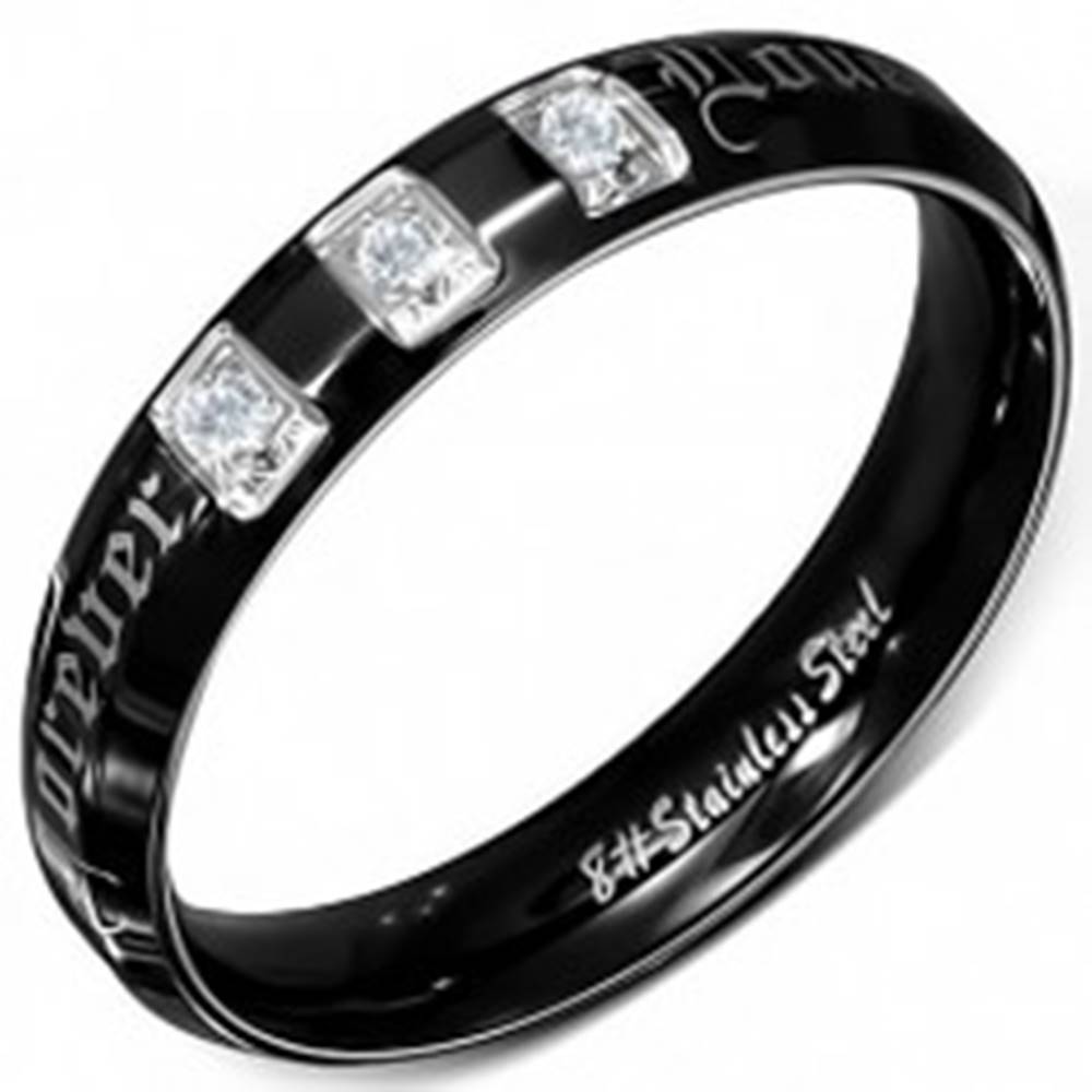 Šperky eshop Prsteň z chirurgickej ocele, čierny, lesklý, zirkóny, Forever Love  - Veľkosť: 49 mm
